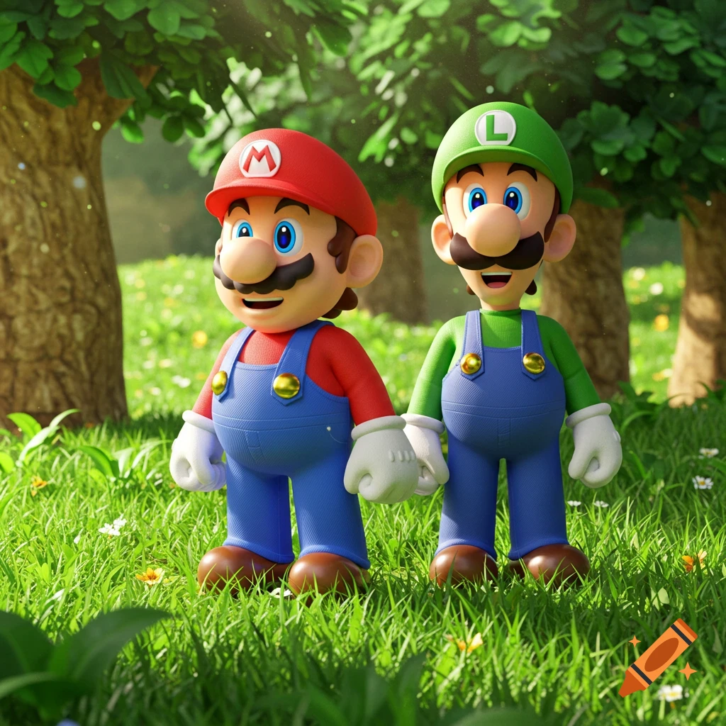 3D render of Mario and Luigi standing in a grassy field with trees.