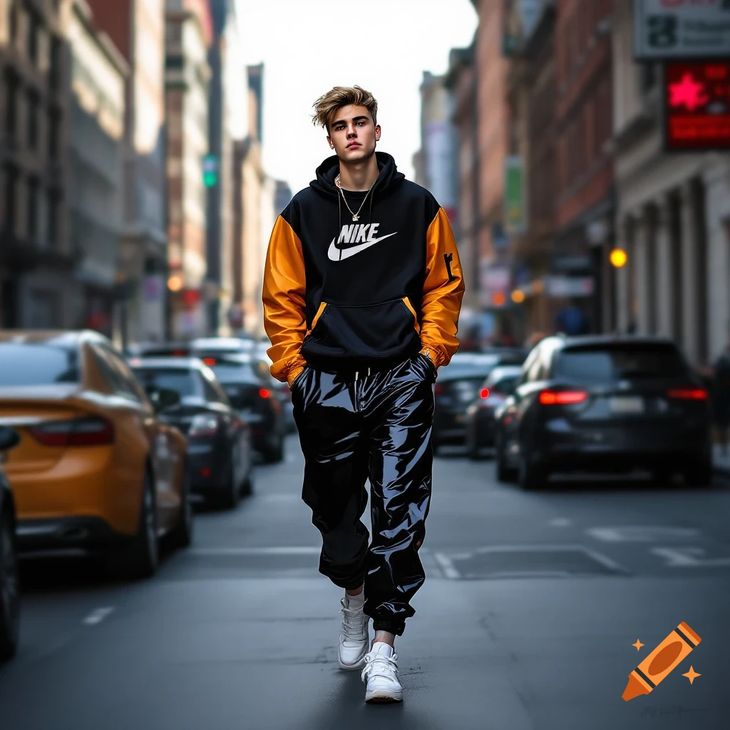A young man in a black and orange Nike hoodie and shiny black pants walks down a city street with cars.