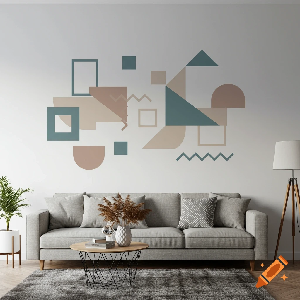 A modern living room with a grey sofa and an abstract geometric wall mural.