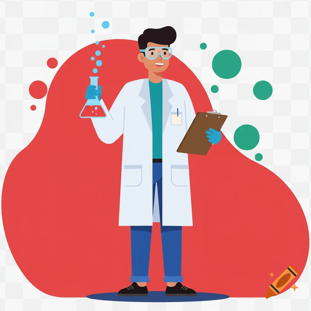 Flat-style illustration of a scientist with a flask and clipboard.