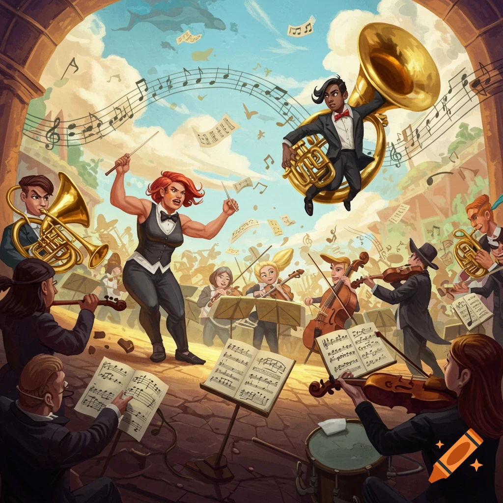 A stylized depiction of a lively orchestra with a dynamic conductor and musicians, featuring floating musical notes and a flying tuba player.