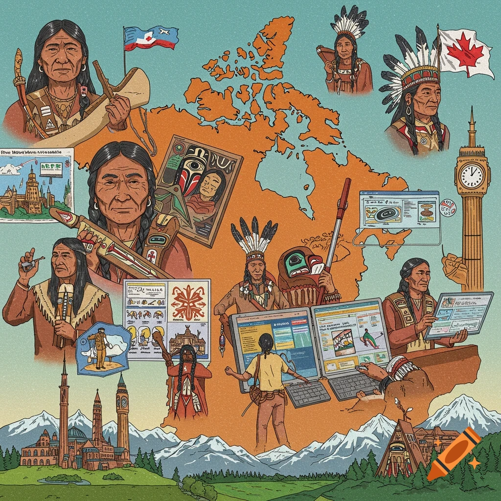 Digital illustration of Indigenous people and symbols surrounding a map of Canada, showing traditional and modern life