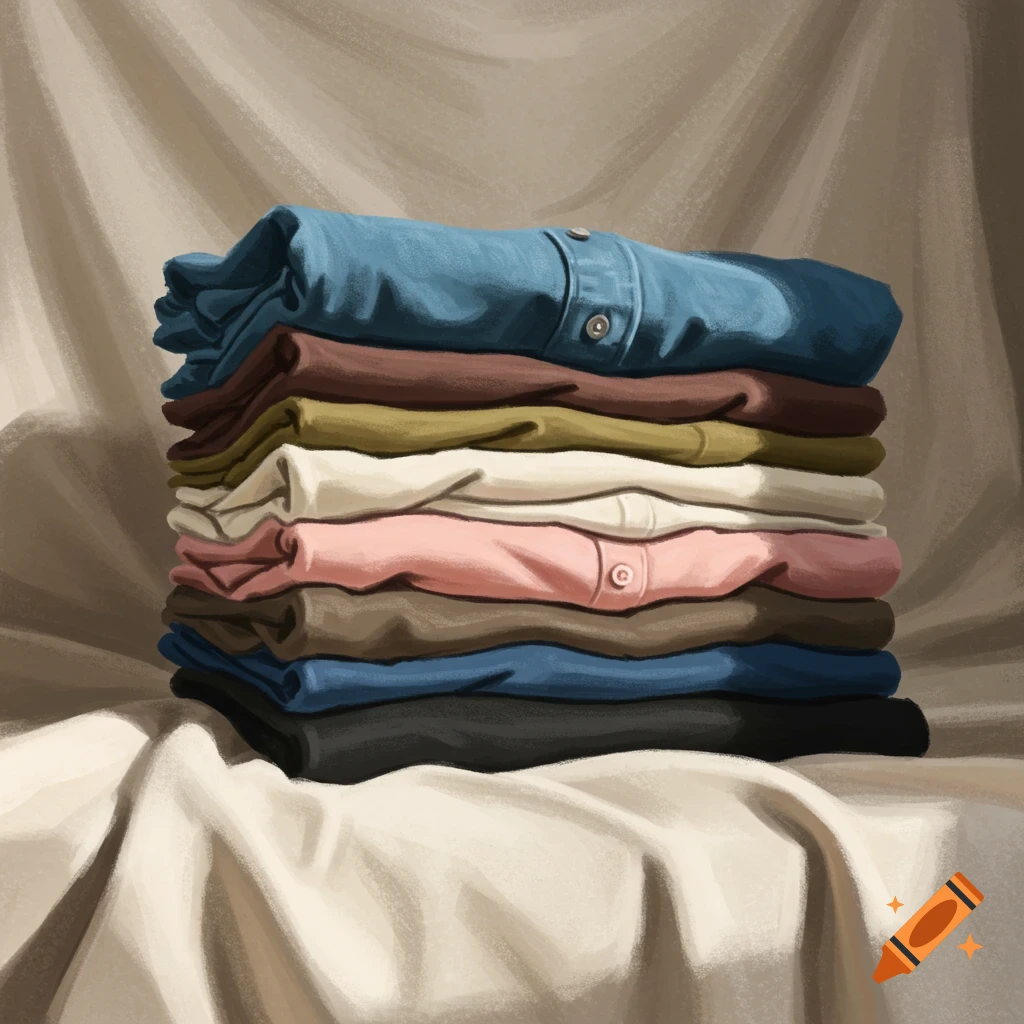 A stack of colorful folded clothes sits on a cloth surface.
