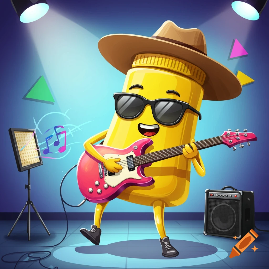 A cartoon mustard bottle character wearing a hat and sunglasses plays an electric guitar on a stage under spotlights.