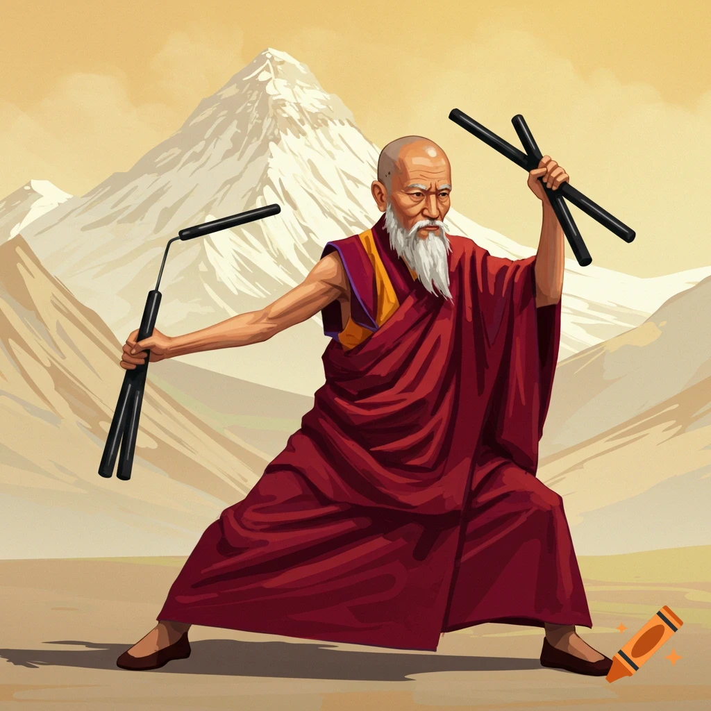 An old lama doing a karate pose with nunchucks in front of mountains.