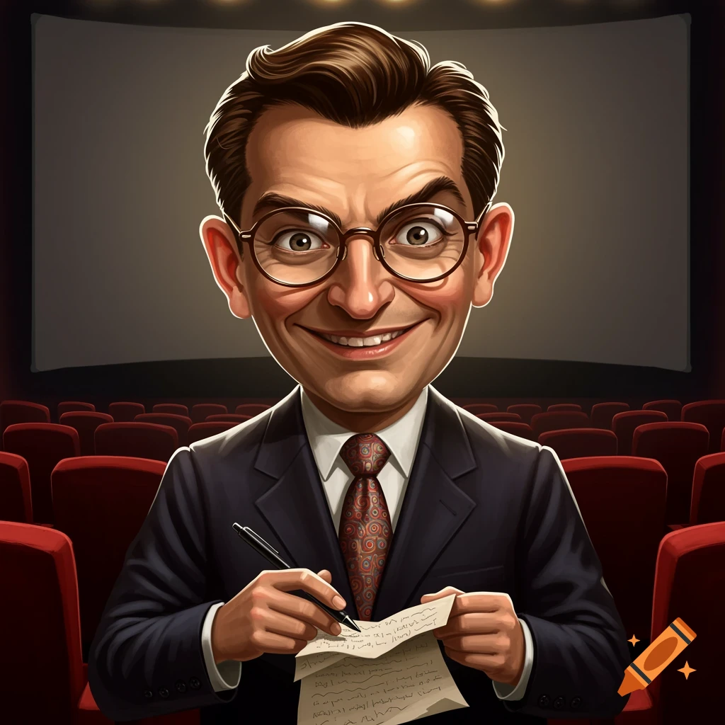 Caricature of a film critic with glasses and suit writing in a movie theater.
