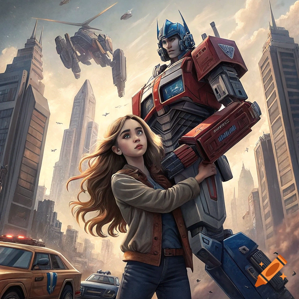 A young woman holds onto Optimus Prime in a city street with flying vehicles and skyscrapers.