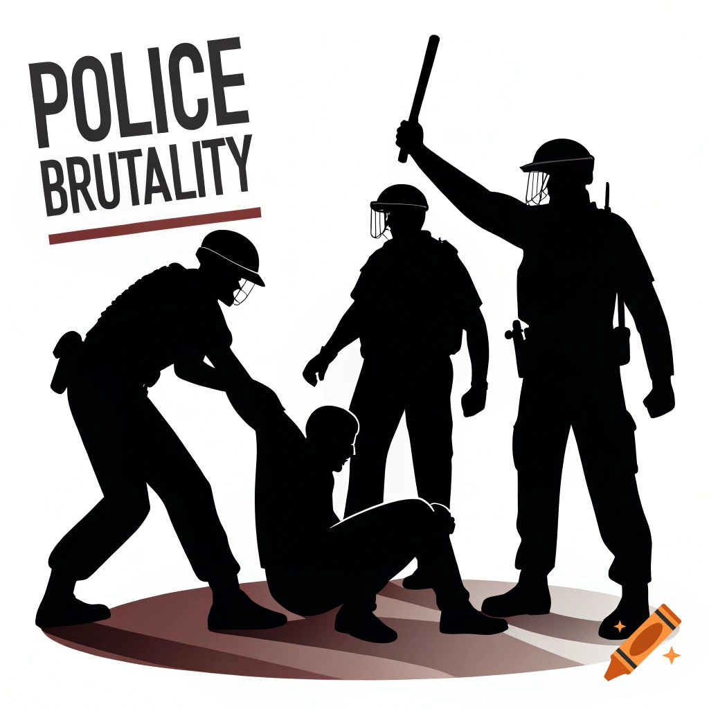 Silhouette illustration shows two police officers grabbing a kneeling person, with one officer raising a baton, and the text 'POLICE BRUTALITY'.