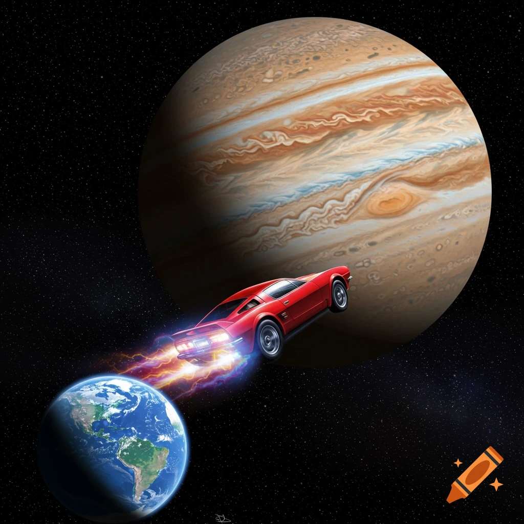 Red car flying from Earth towards Jupiter in space, digital art.