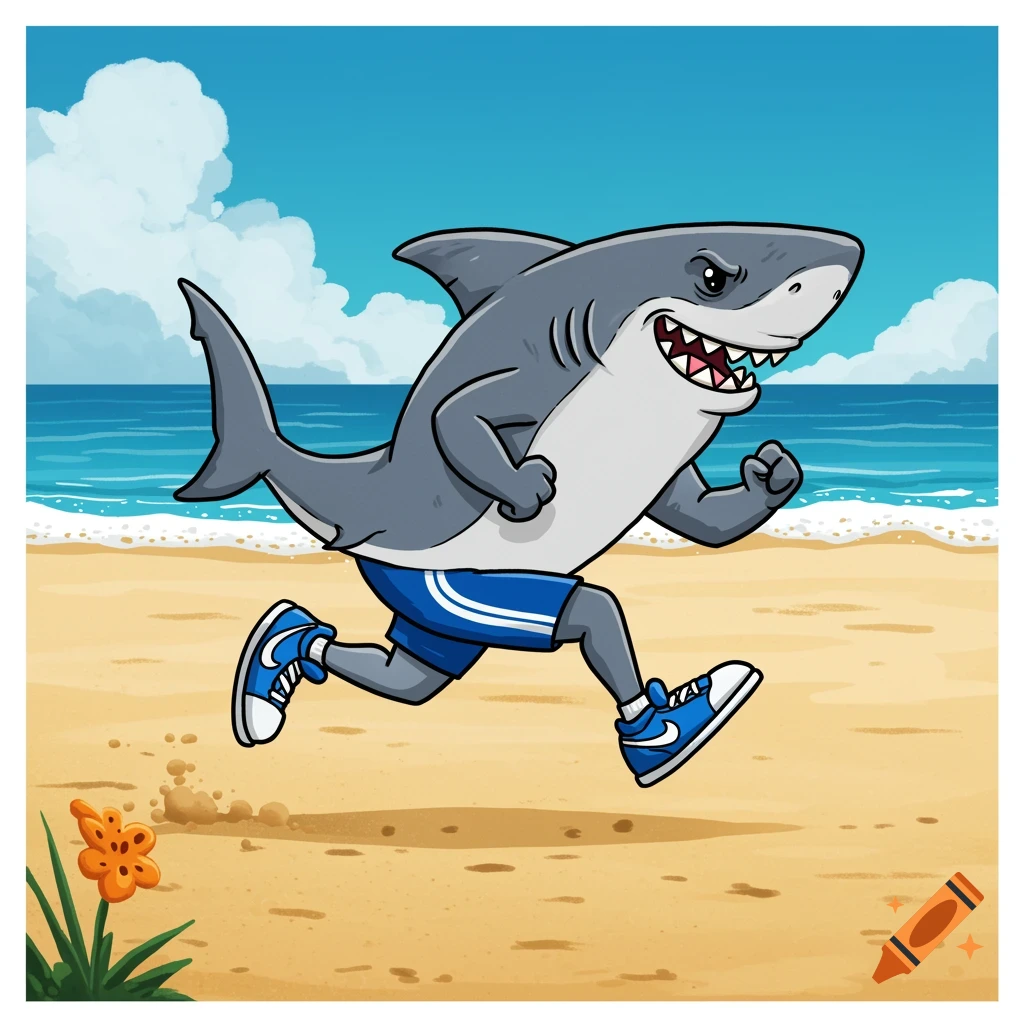 A cartoon shark wearing blue sneakers runs on a sandy beach near the ocean.