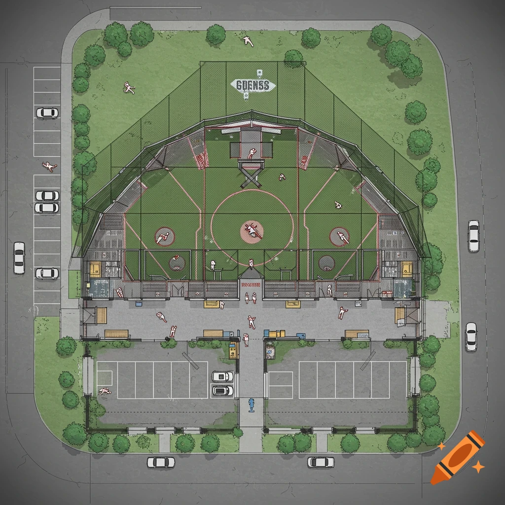 Top-down blueprint illustration of an indoor softball facility with fields, cages, locker rooms, and parking.