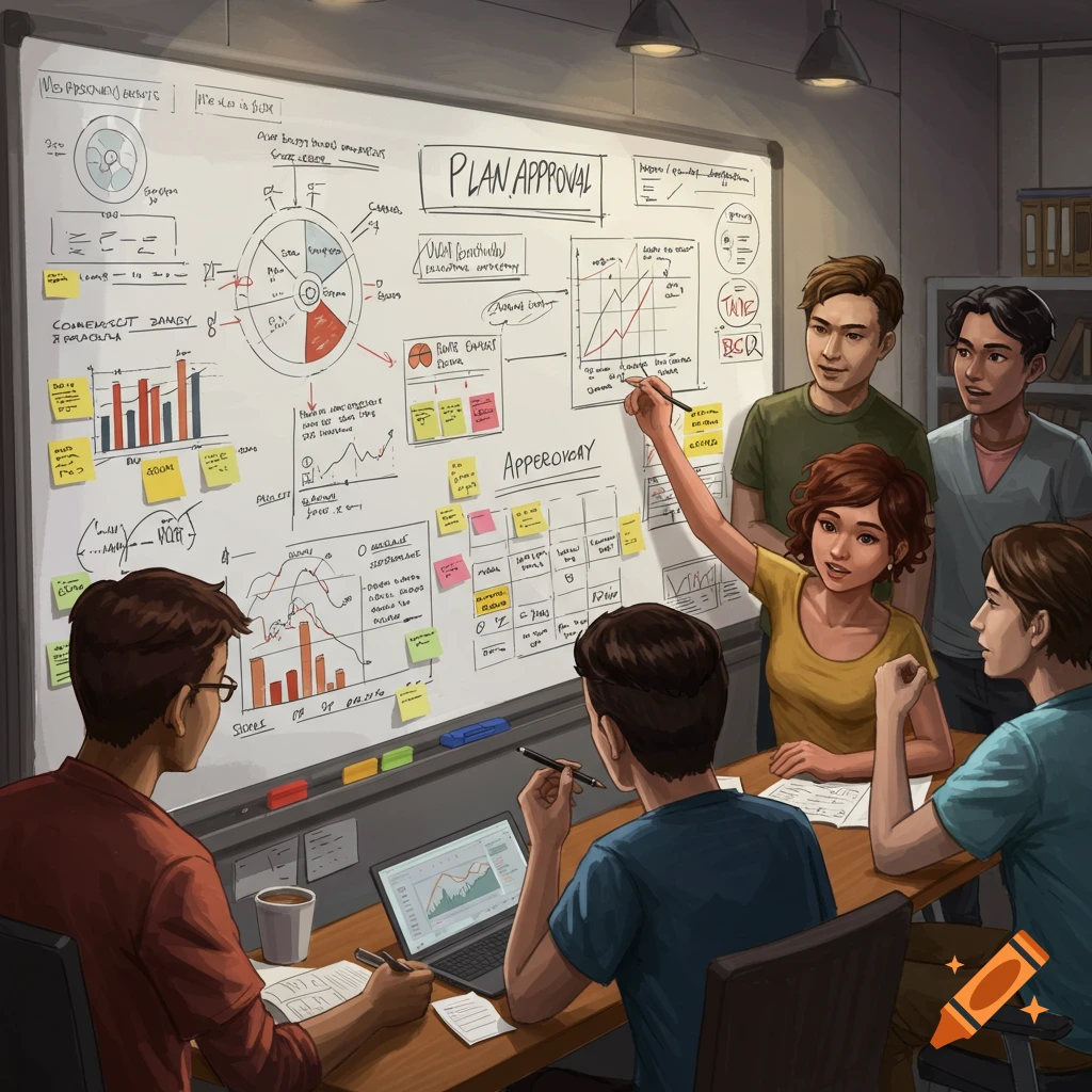 A diverse group of people are in a meeting, looking at a whiteboard with charts and diagrams.