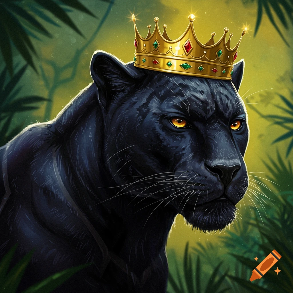 A black panther wearing a gold crown with gems in a jungle.