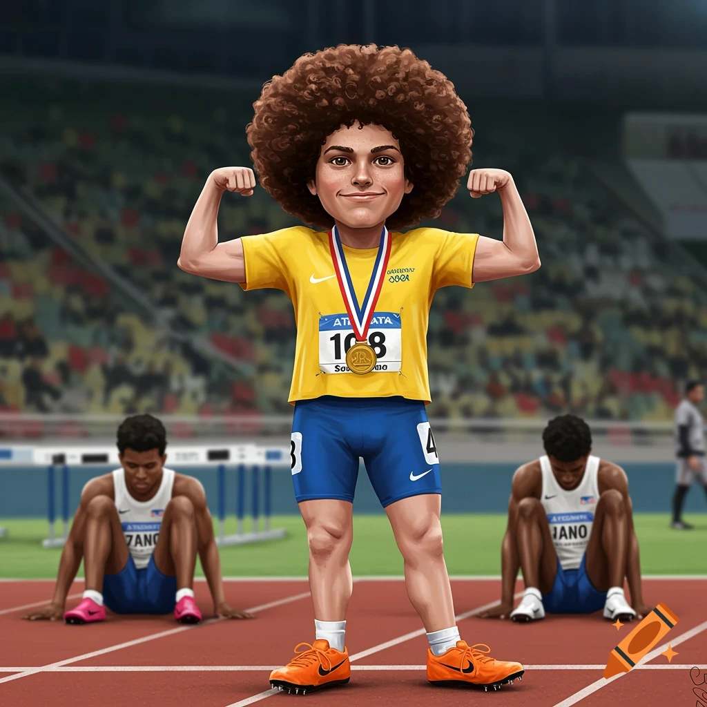 A young boy athlete flexing his muscles on a track wearing a medal, with opponents in the background.