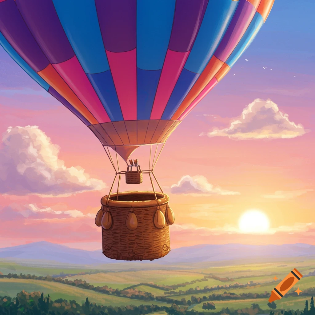 A colorful hot air balloon floats over a green landscape at sunset.