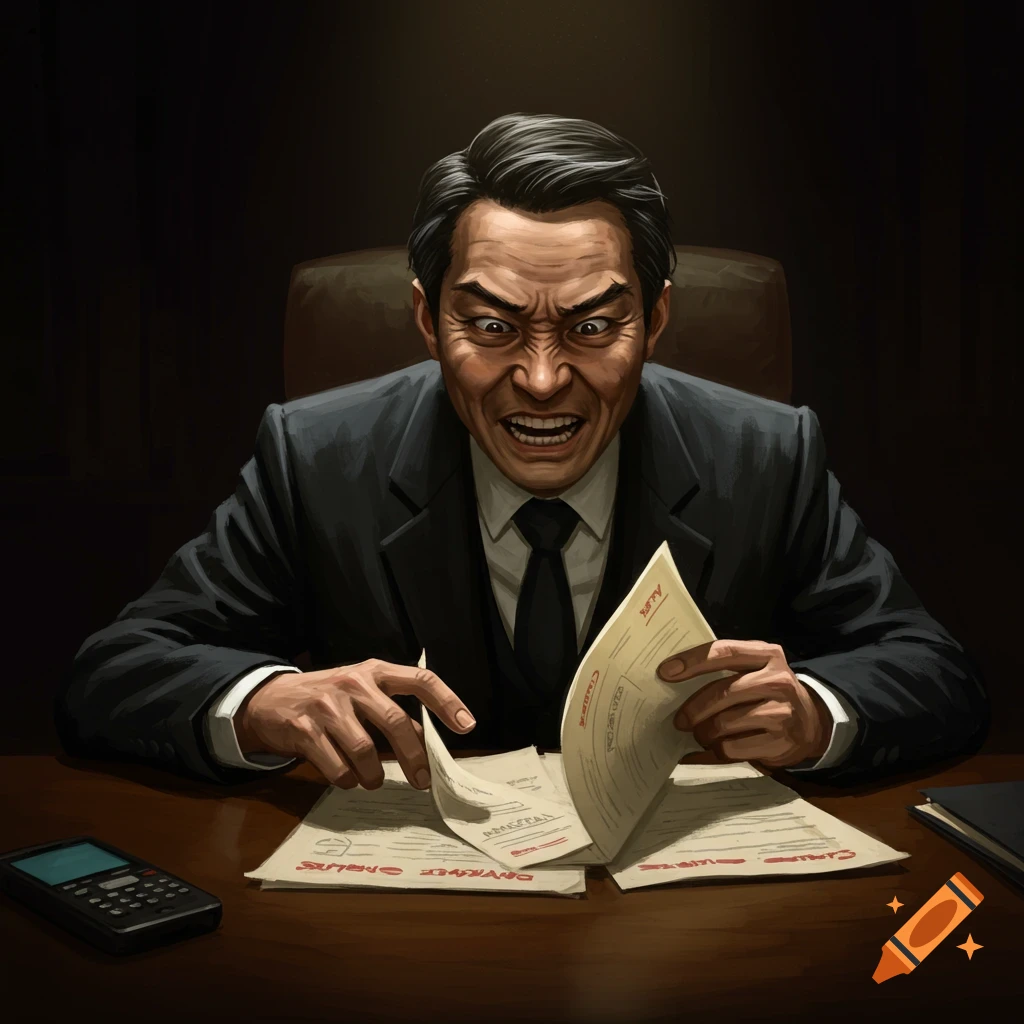 A furious businessman sorting documents at a desk.