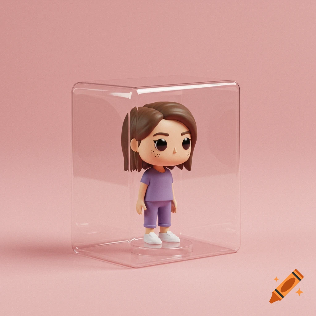 A 3D cartoon figurine of a girl with freckles inside a clear plastic box, against a pink background.