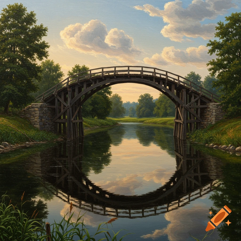 An 1800s style painting shows a wooden bridge over a river, surrounded by trees under a cloudy sky.