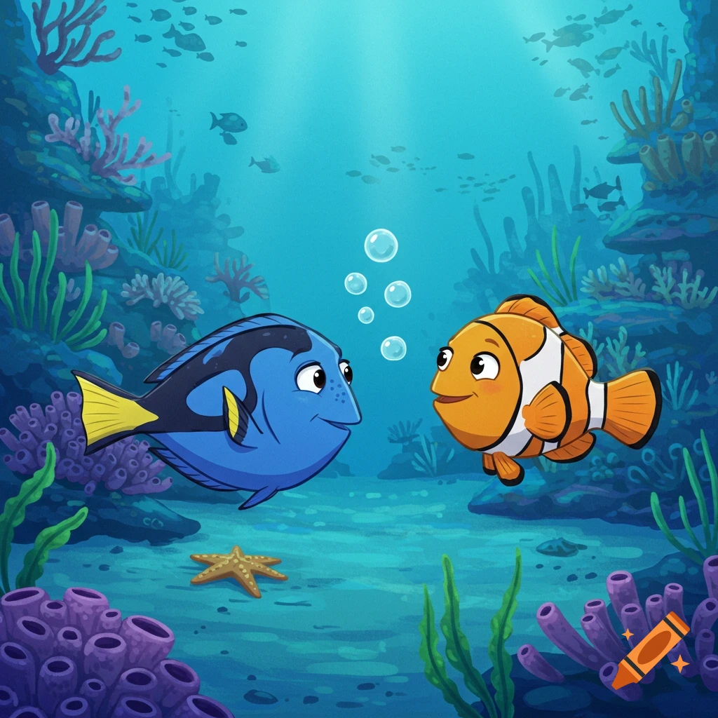 Cartoon blue and orange fish look at each other underwater.