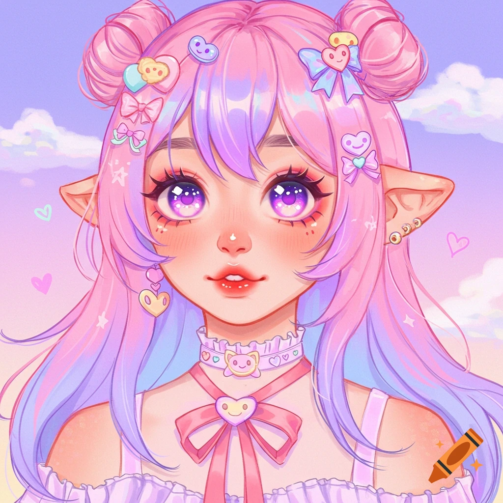 Cute anime girl with pink and purple hair buns, large purple eyes, elf ...