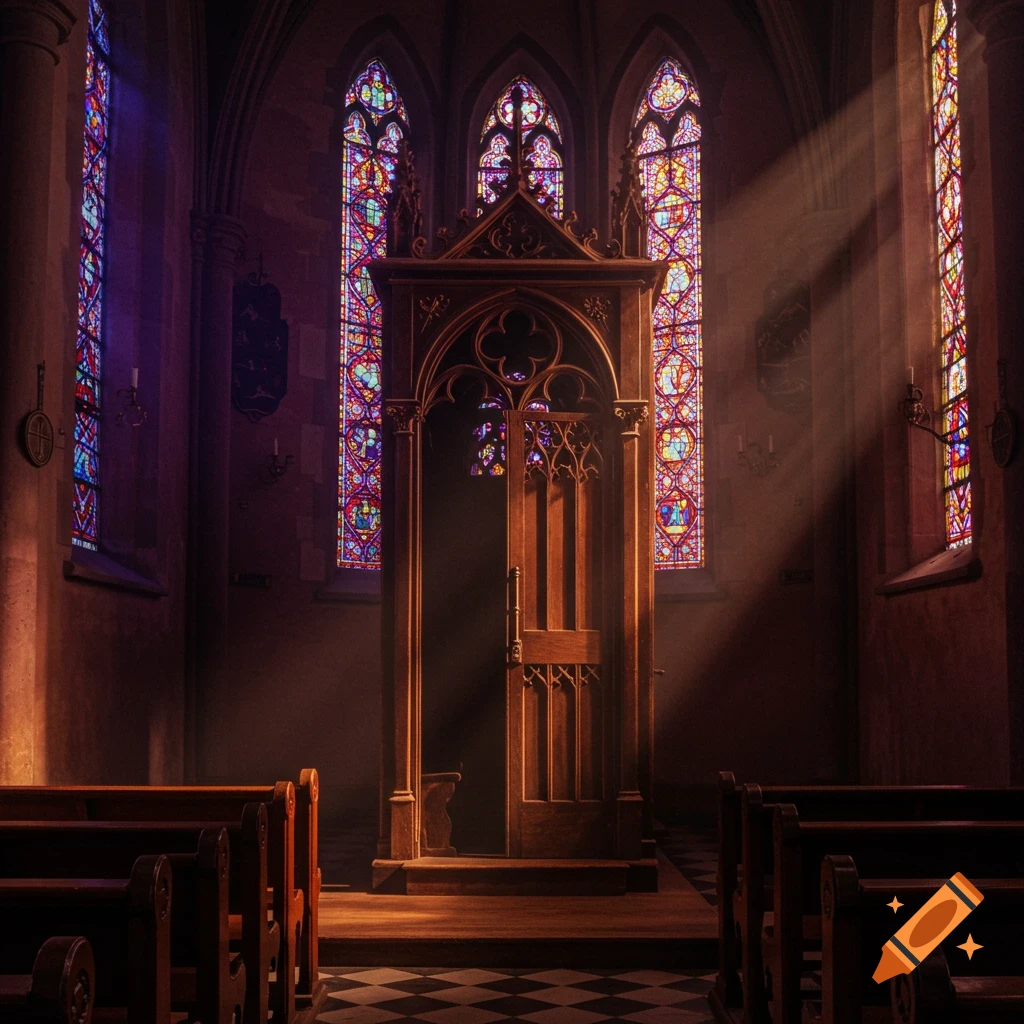Dramatic view inside a church with a confession booth, stained glass windows, and rays of light filtering through dust.