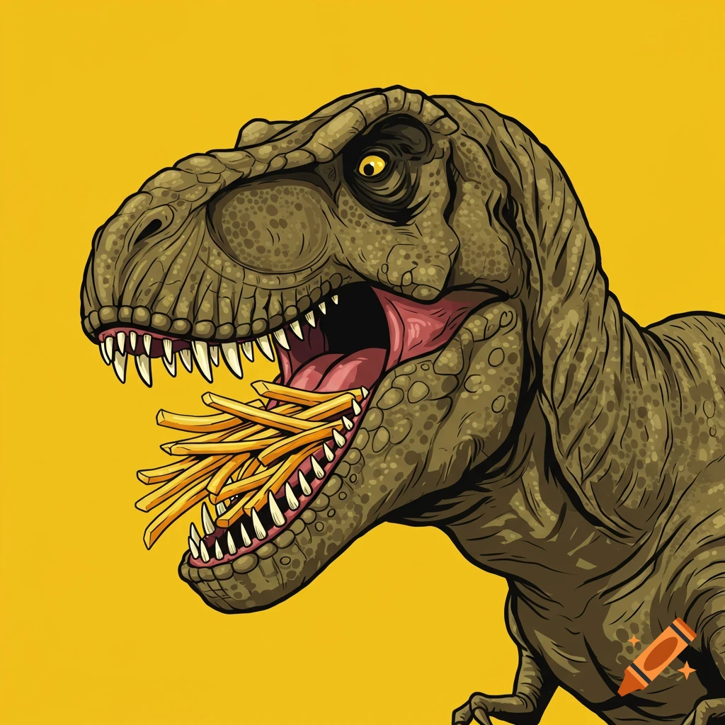 An illustration of a Tyrannosaurus Rex eating a large pile of French fries.