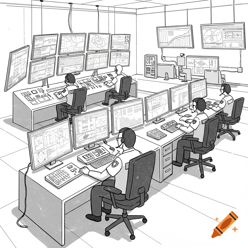 Black and white illustration of staff working at computers in a control room.