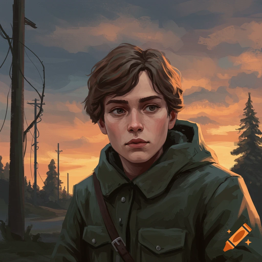 Portrait of a young person in a green jacket against a sunset sky with telephone poles.