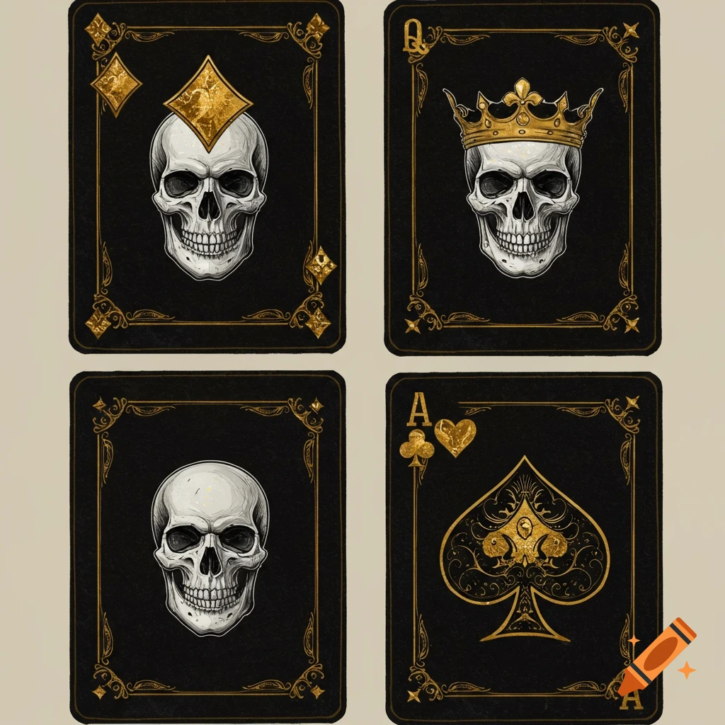 Four playing cards with skulls and gold ornamentation in a dark, detailed style.