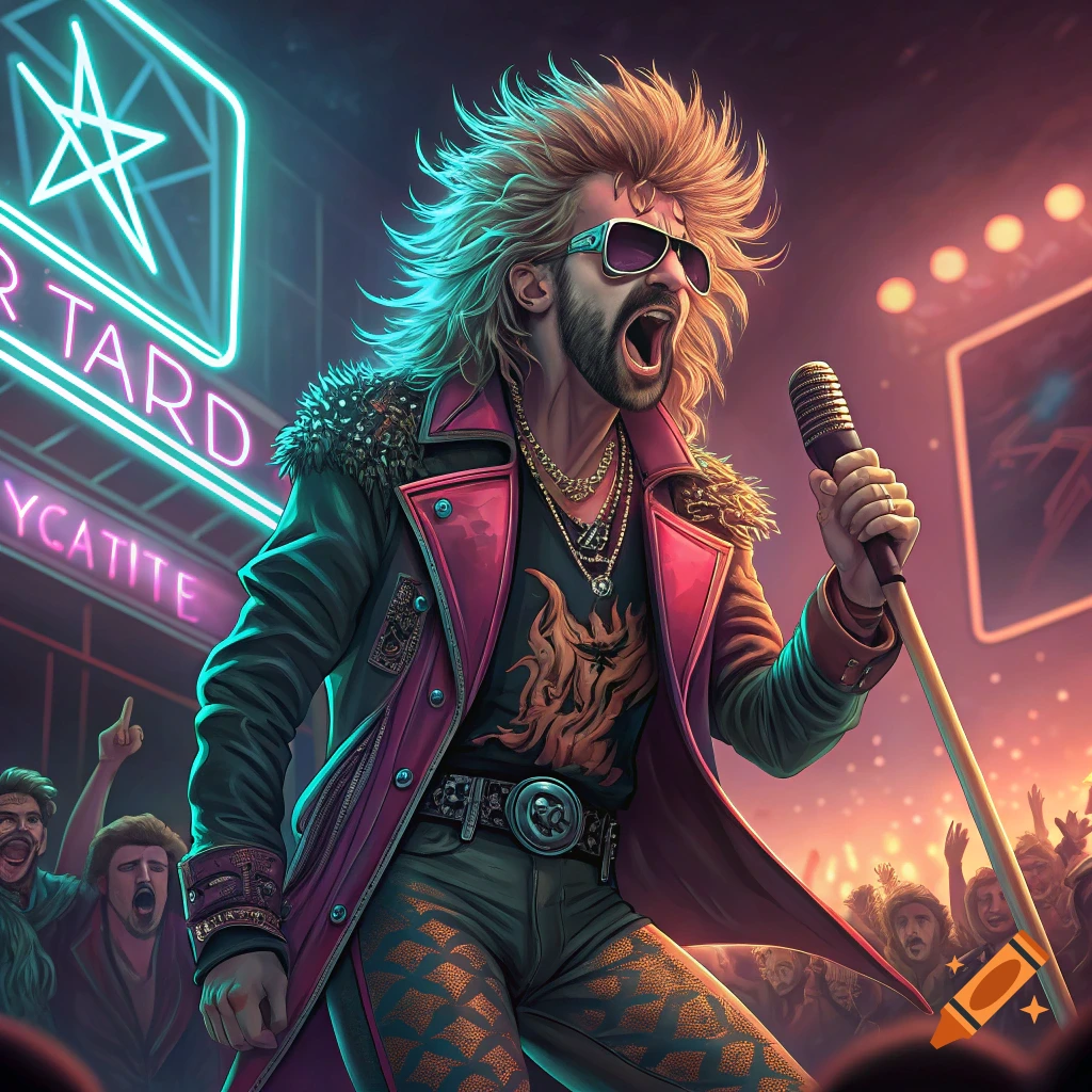 Man in 80s hair metal attire singing into a microphone on stage.