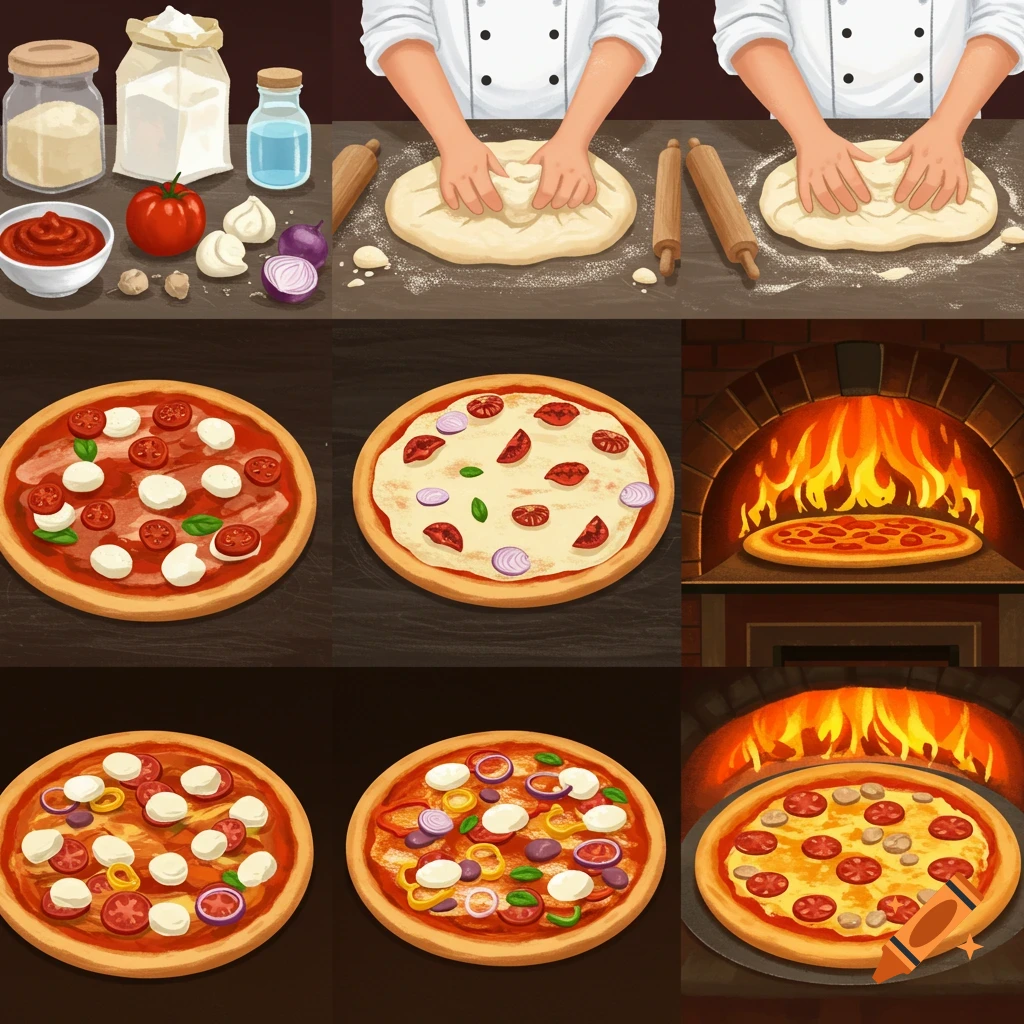 Image showing steps to make pizza: ingredients, kneading dough, raw pizza, pizza in oven, cooked pizza.