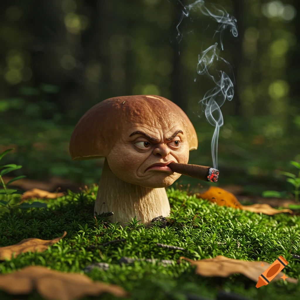 A photorealistic image of a mushroom with an angry face smoking a cigar in a forest.