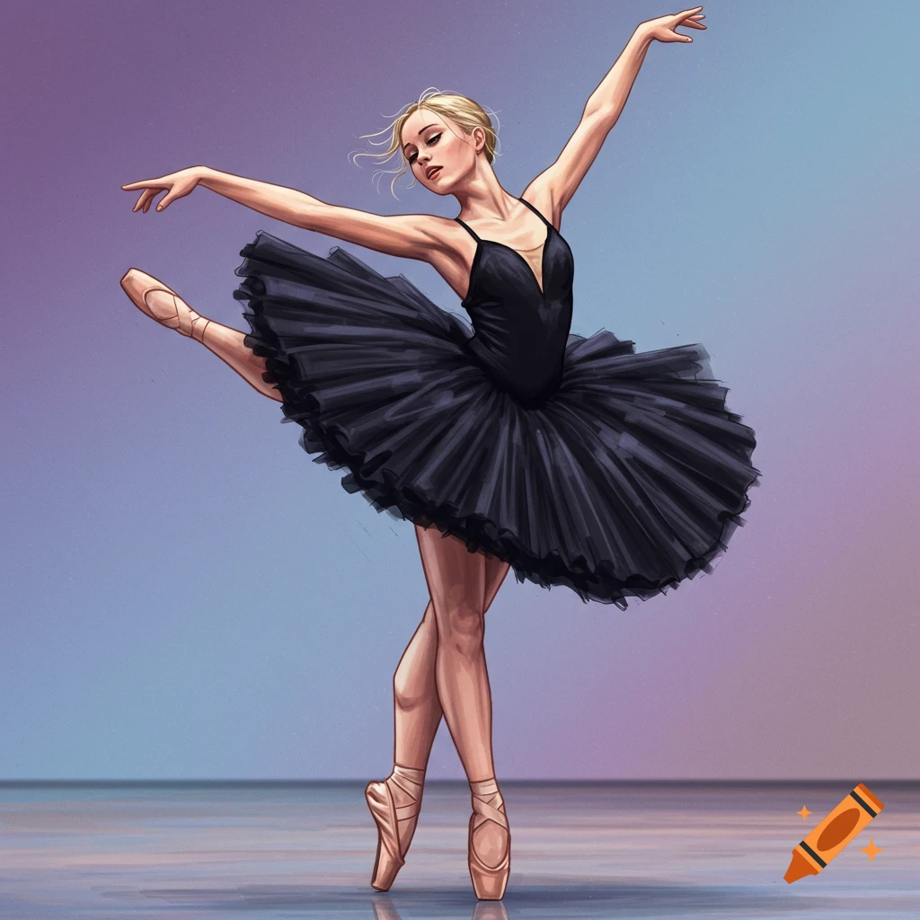 A ballerina in a black tutu dancing on pointe.
