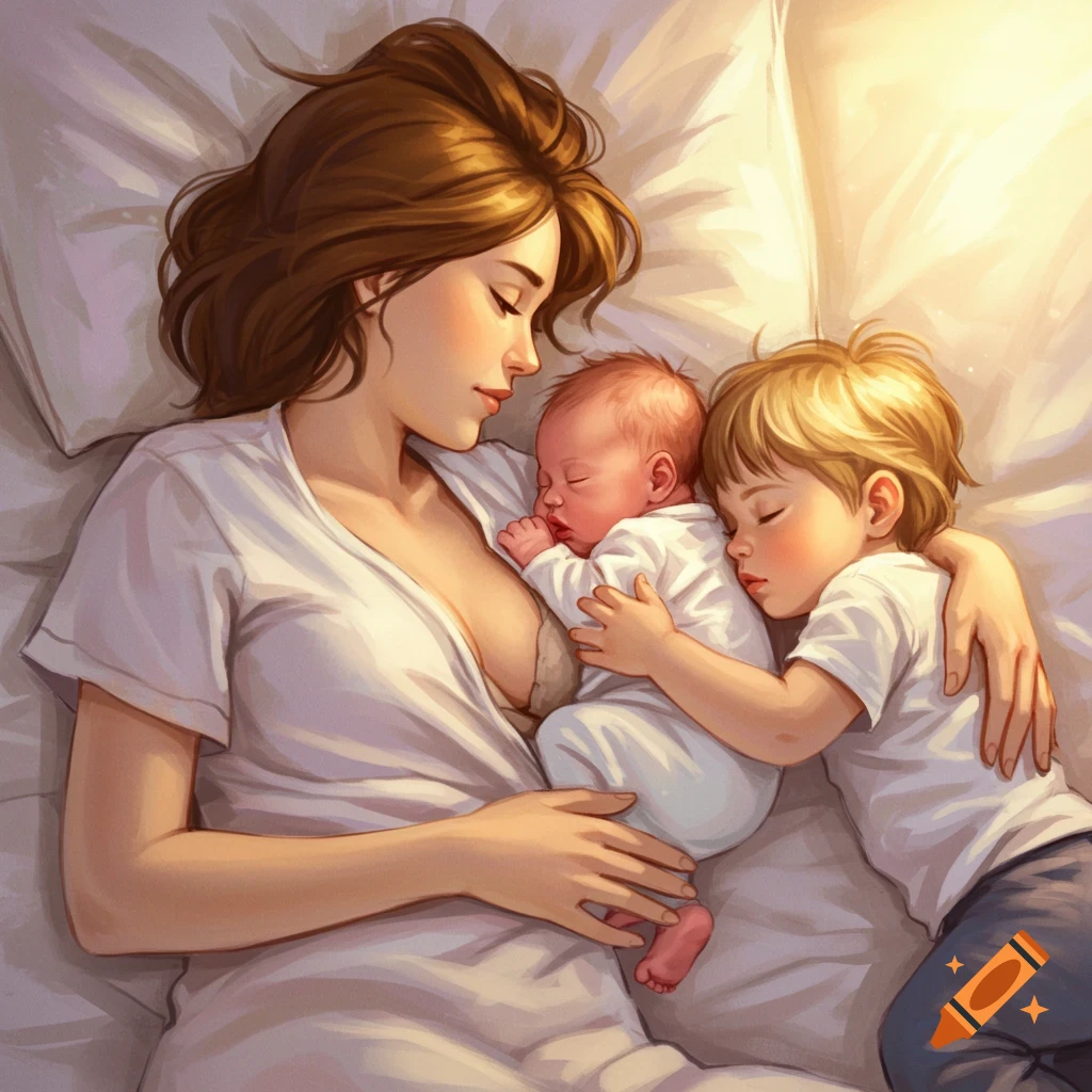 A mother is in bed breastfeeding a baby, while an older child sleeps beside them.