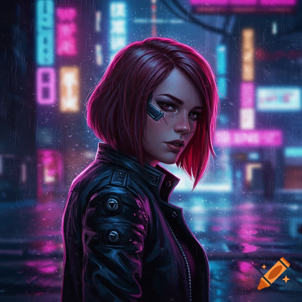 A woman with red hair in a leather jacket stands in a rainy cyberpunk city street with neon lights.