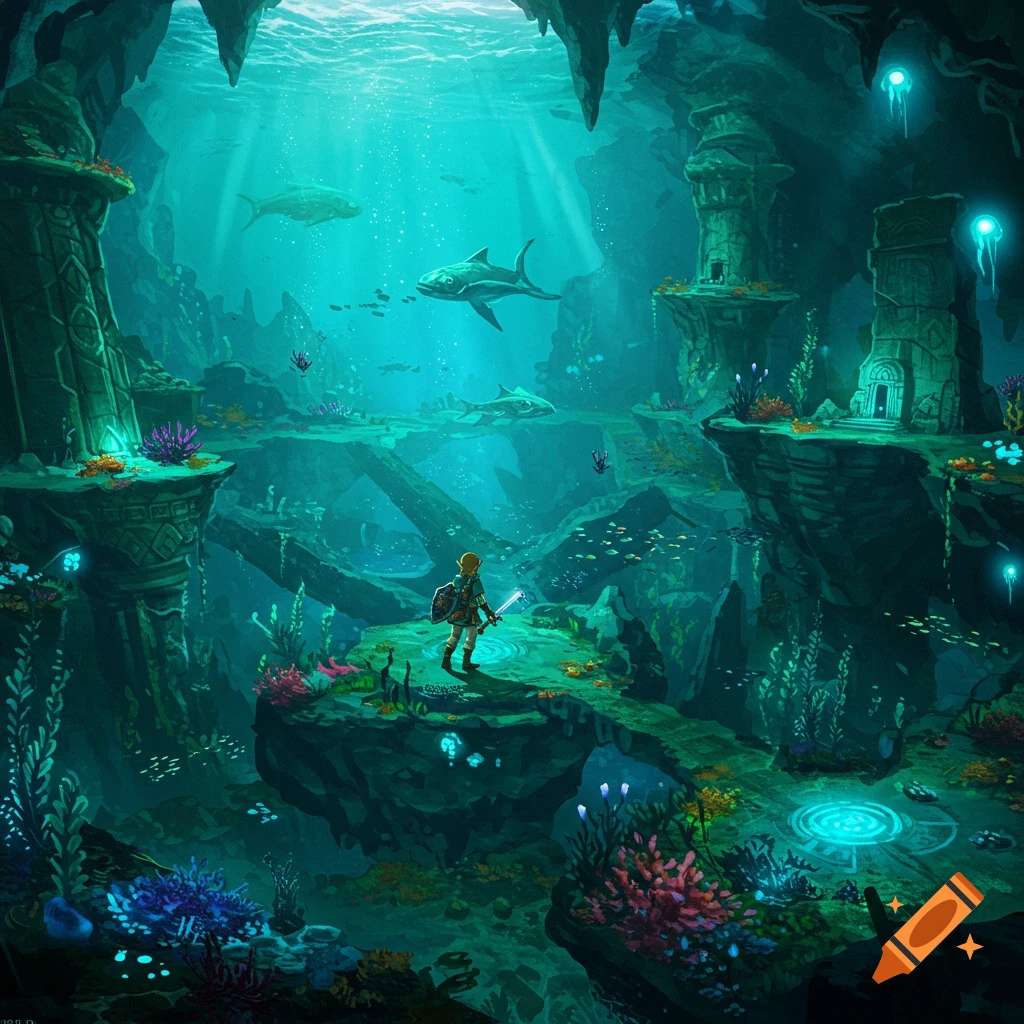 A character resembling Link standing in ancient underwater ruins, with light rays filtering through the water and fish swimming.