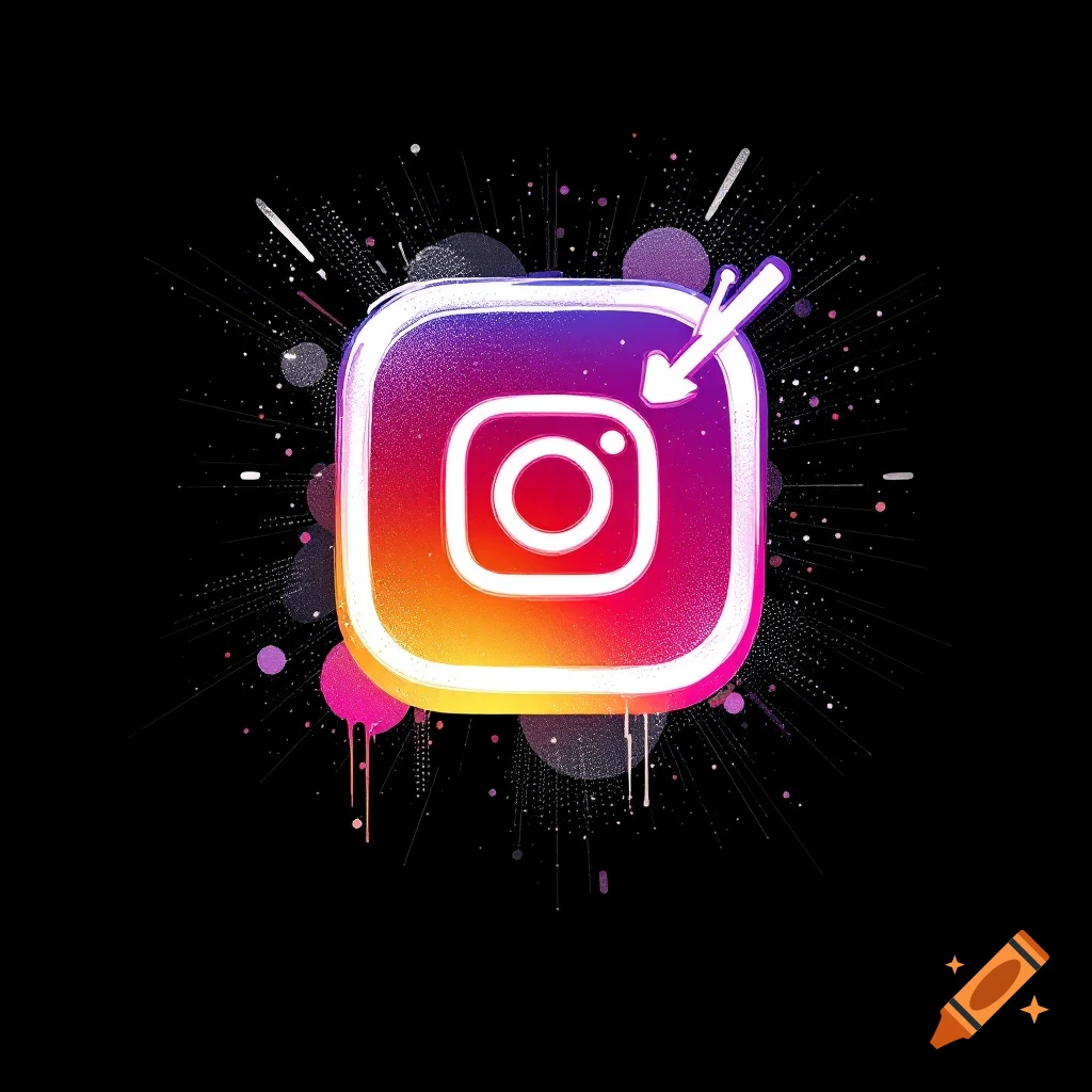 Stylized Instagram icon with colorful splatters and streaks on black background.