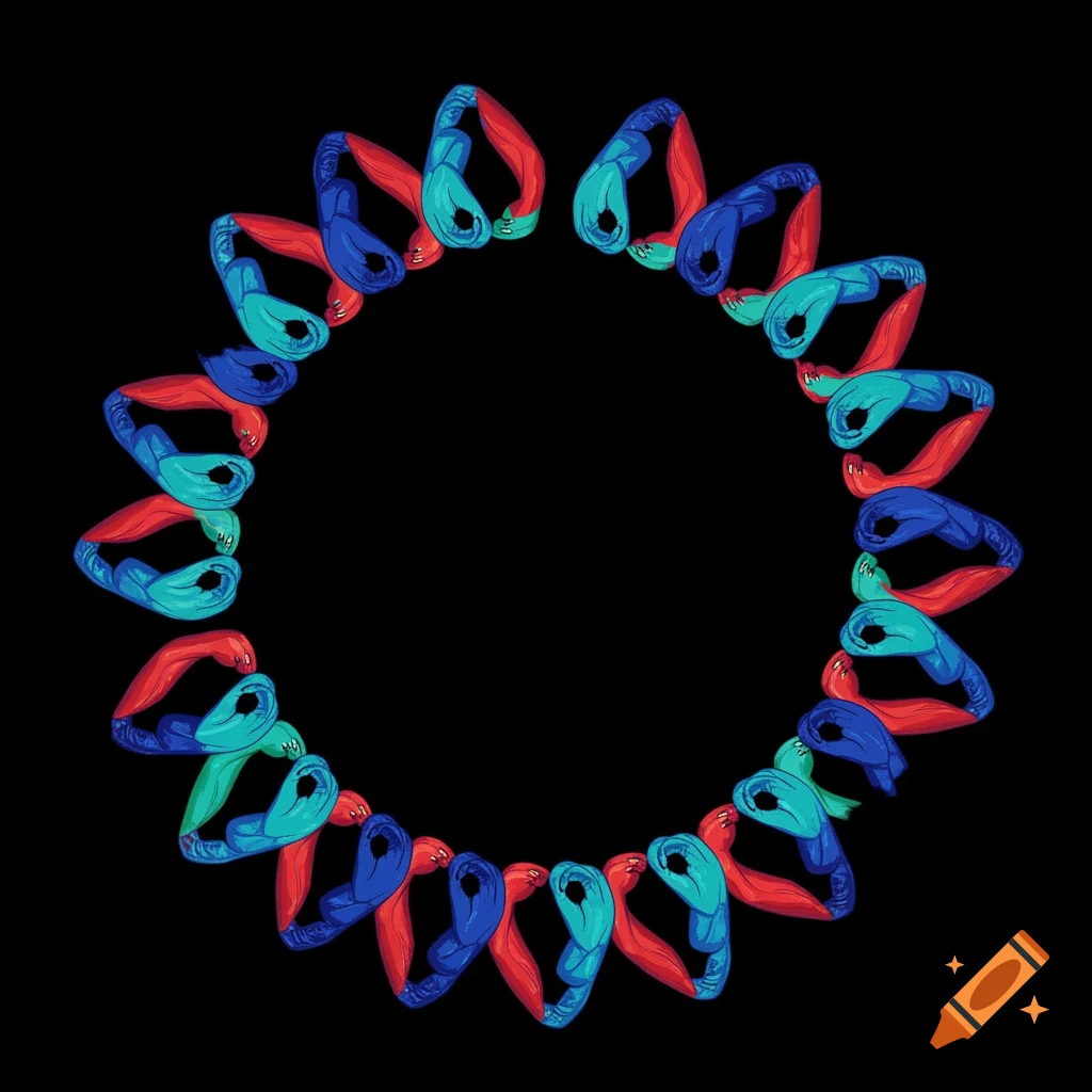 A circle formed by many flexing arms in red, blue, and teal colors against a black background.