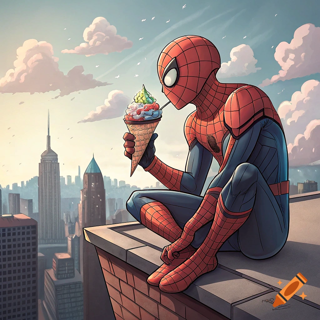 Cartoon illustration of Spider-Man eating an ice cream cone while sitting on a city rooftop overlooking buildings.