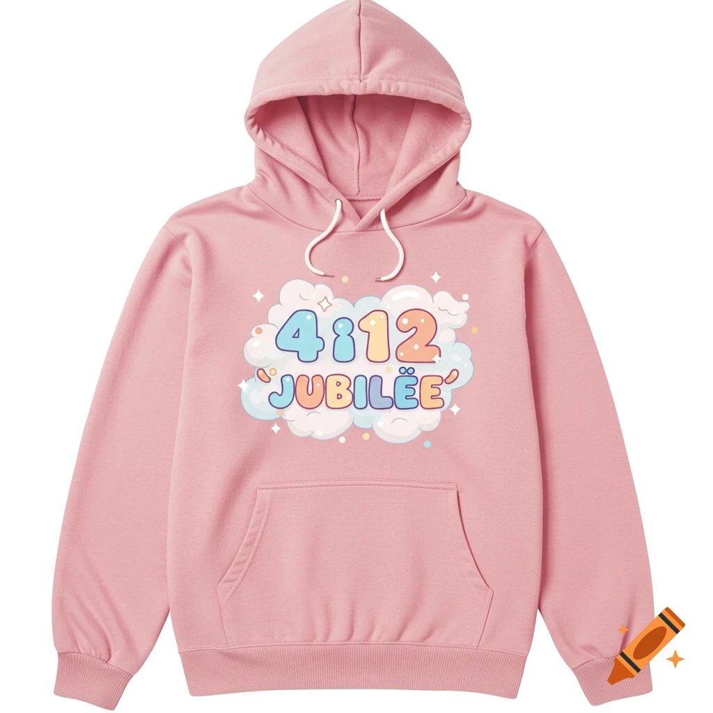 Pink hoodie with a cute design featuring '4:12 JUBILEE' in colorful text, clouds, and sparkles.