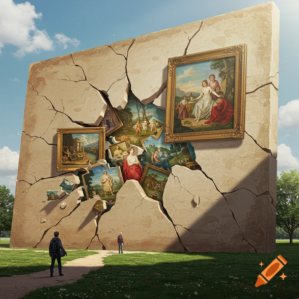 A giant cracked wall in a grassy field reveals numerous classic paintings spilling from the opening. Two small figures stand watching.