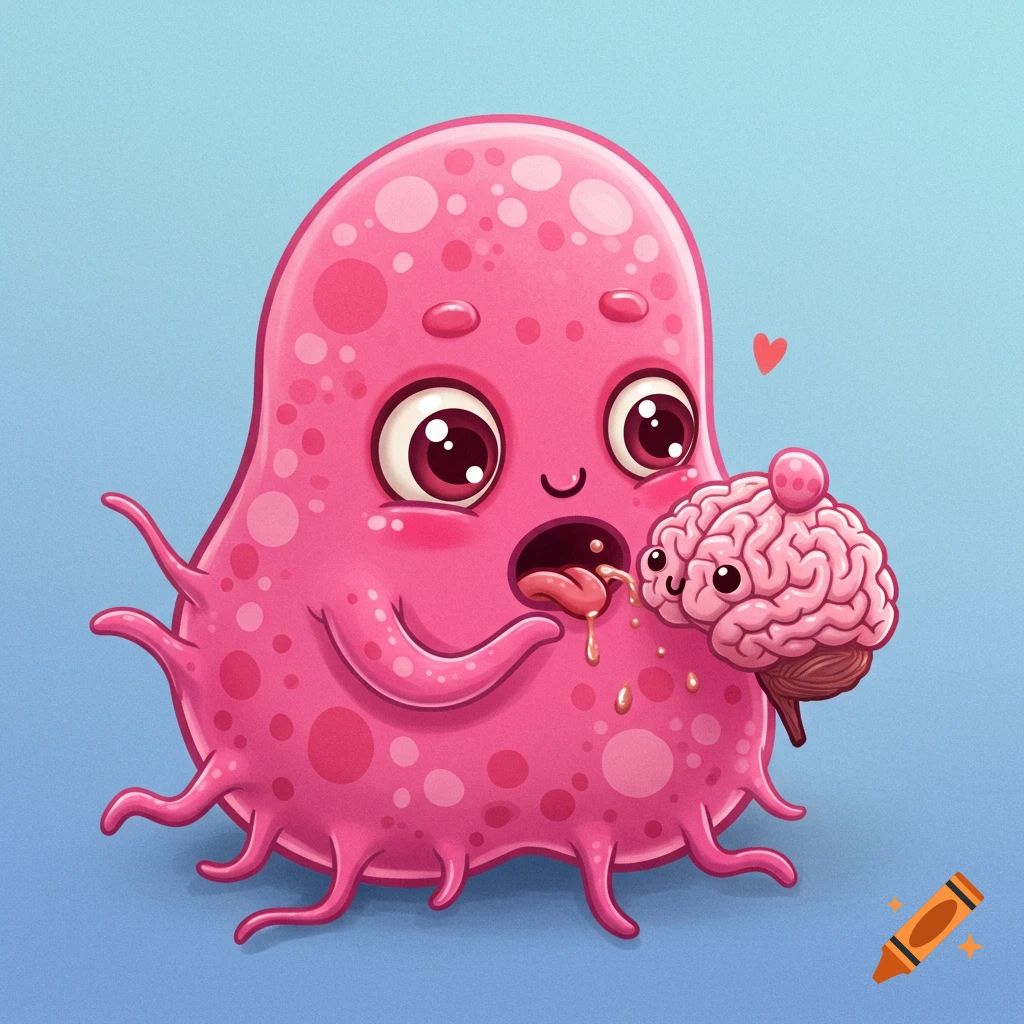 Cute pink cartoon blob creature with tentacles licks a brain, digital illustration.