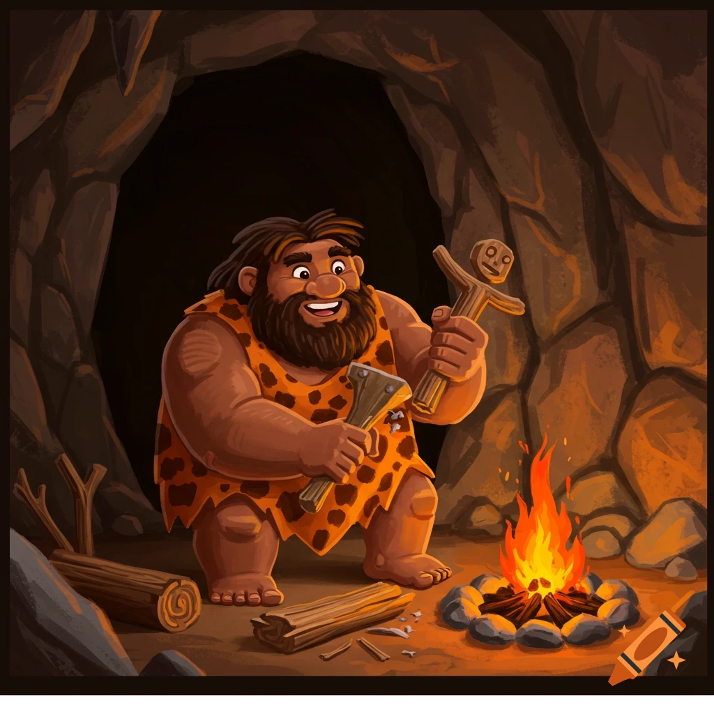 A cartoon caveman carves wood by a campfire inside a cave.