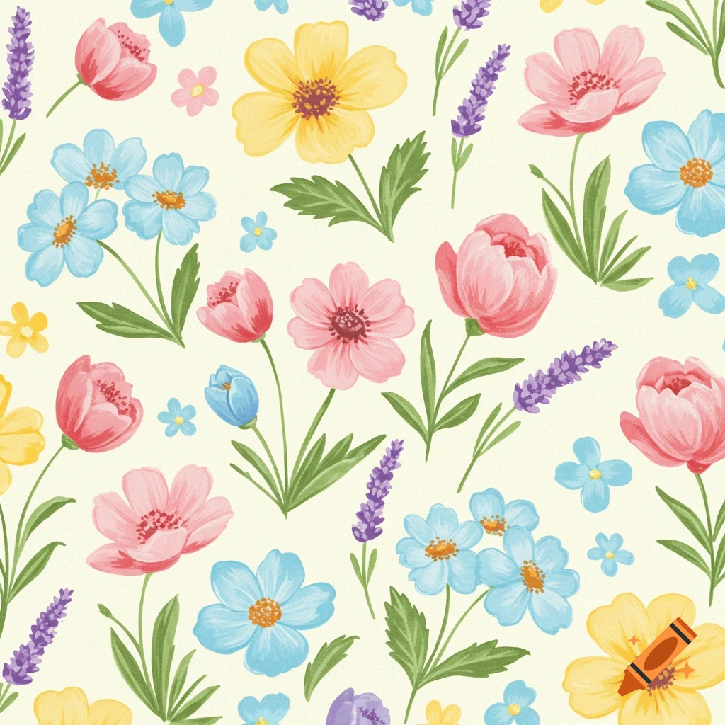 A seamless pattern of watercolor flowers in pastel pink, blue, yellow, and lavender against a cream background.