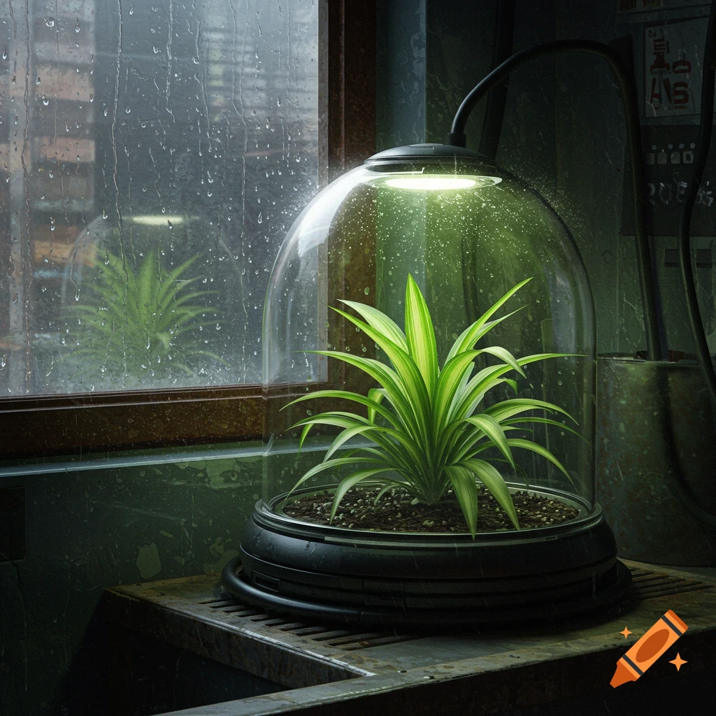 A vibrant spider plant inside a glass cloche sits by a rainy window in a dark, gritty room.