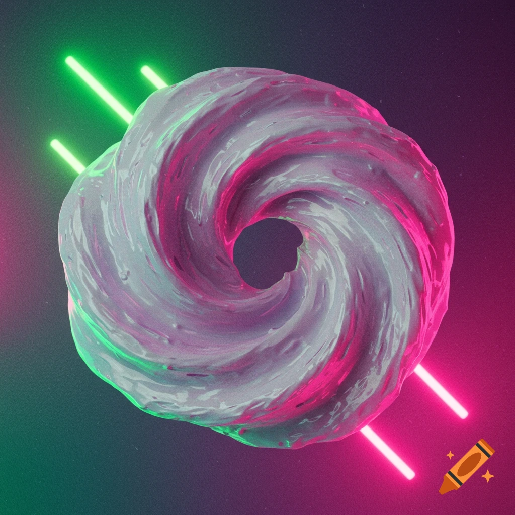An abstract image of a swirling, textured pastel shape with bright pink and green neon lights behind it.