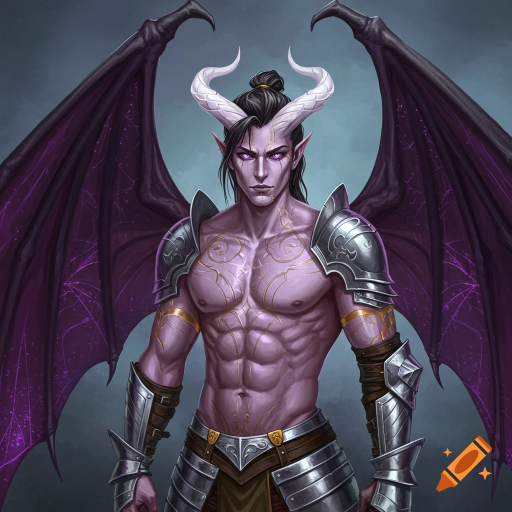 A male fantasy character with purple eyes, white horns, purple bat wings, golden tattoos, and armor.