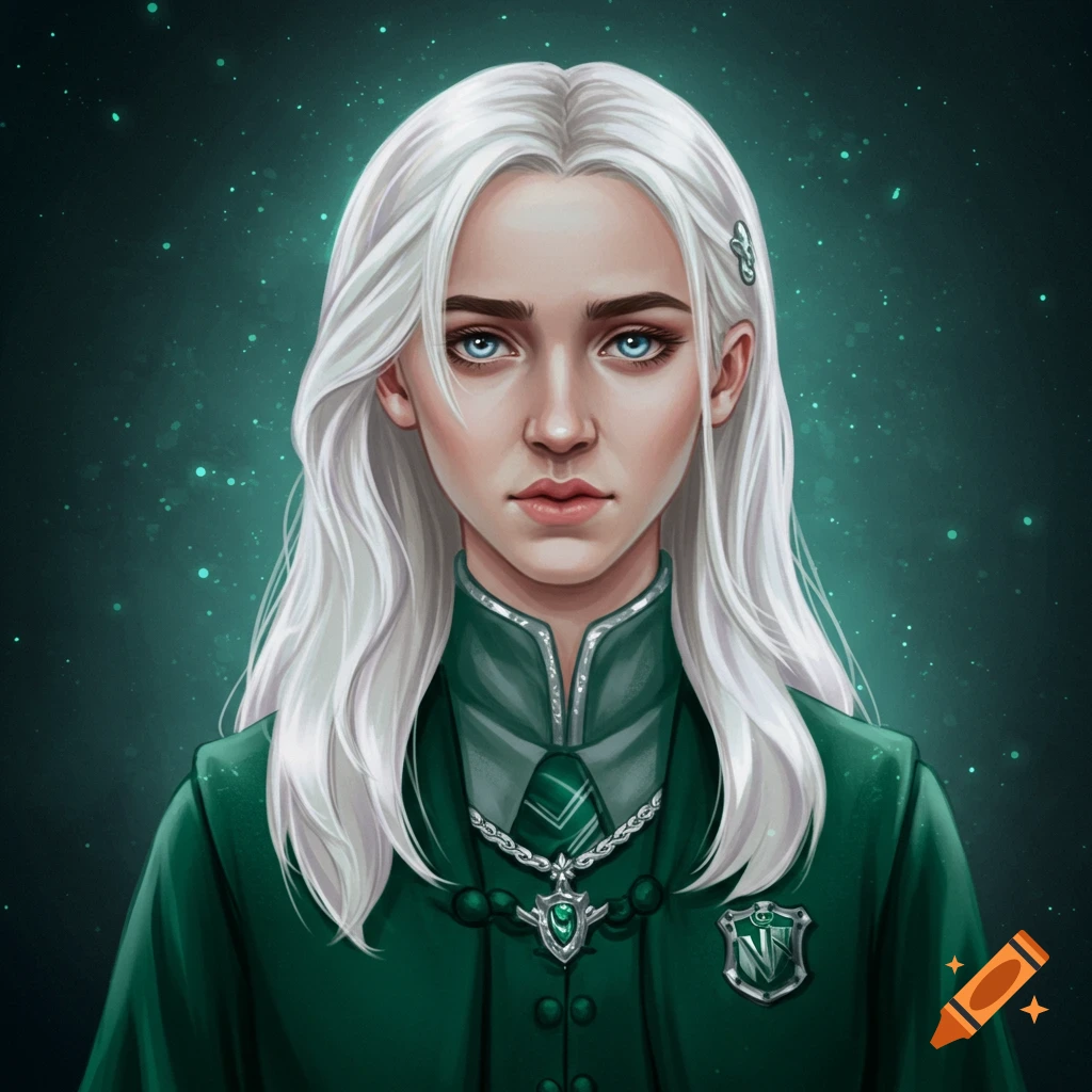 Portrait of a young woman with long white hair and blue eyes wearing a green and silver fantasy uniform.