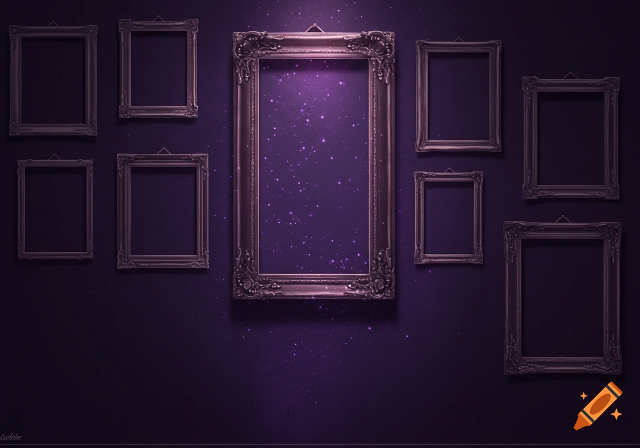 Ornate empty frames on a dark purple wall with sparkling magic effects