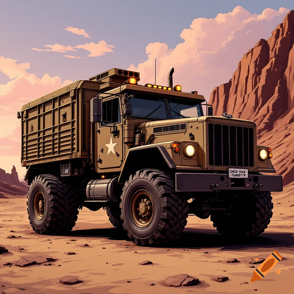 A cartoon-style army truck sits in a desert landscape.